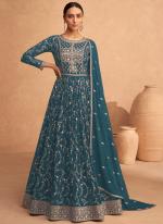 Georgette Teal Blue Wedding Wear Embroidery Work Anarkali Suit